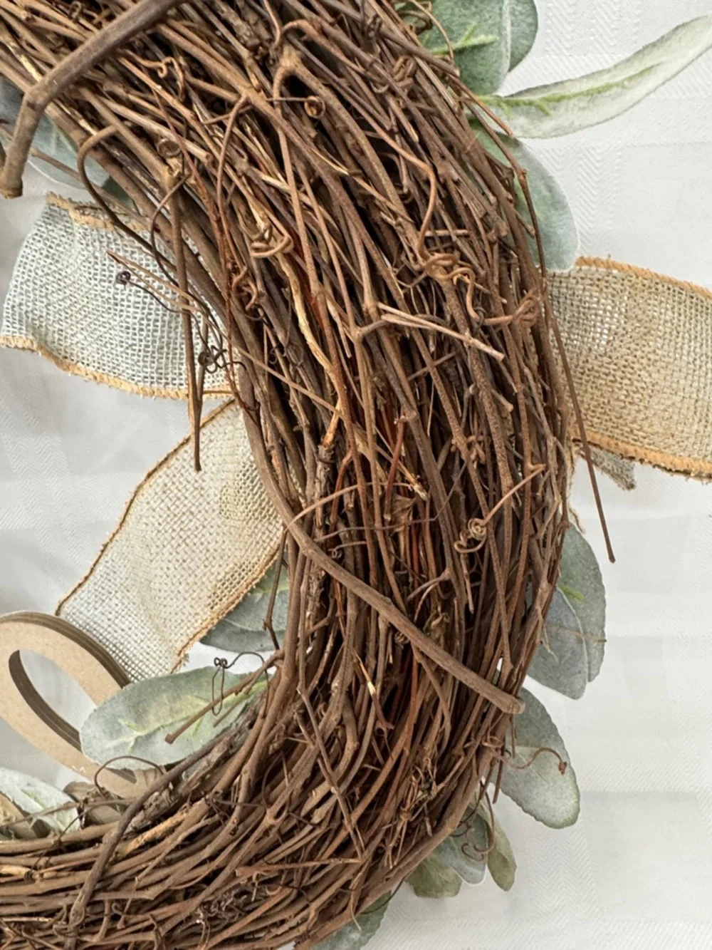 Farmhouse 'Hello' Cotton and Greenery Wreath with Blue Burlap Bow